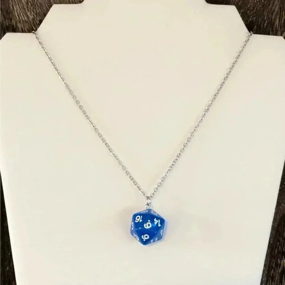 Blue 20 Sided Die D&D Dungeons and Dragons Stainless Steel Necklace - Picture 2 of 4